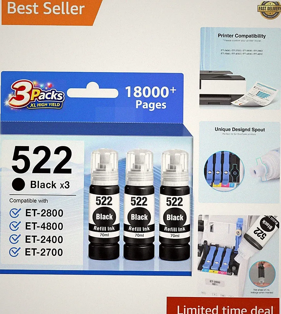 Smudge Resistant Starink T522 Black Ink Refill Bottles - 3-Pack for Home/Office